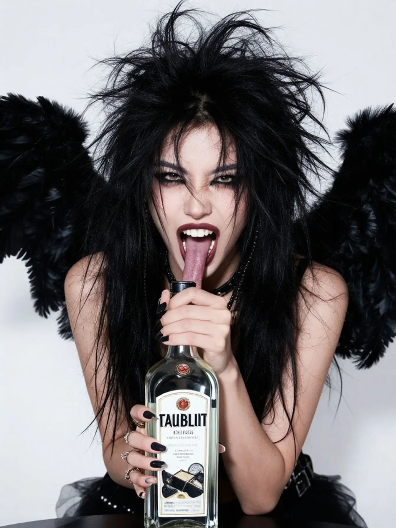 The flying whore licking a bottle of tequila